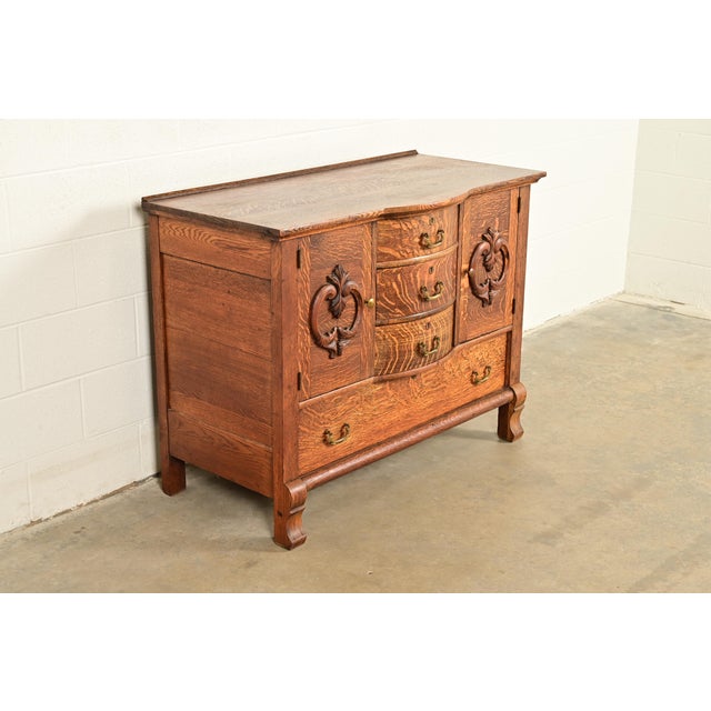 R. J. Horner & Co. Antique Victorian Carved Tiger Oak Sideboard or Bar Cabinet, Circa 1890s For Sale - Image 4 of 16