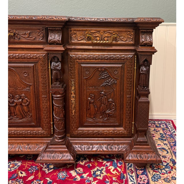 Brown Antique French Breton Large Carved Sideboard Server Entry Buffet Oak c.1900-20s For Sale - Image 8 of 18
