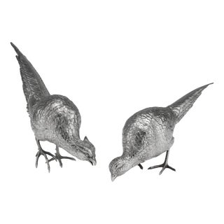 20th Century Italian Silver Pheasant Statues, 1920s, Set of 2 For Sale