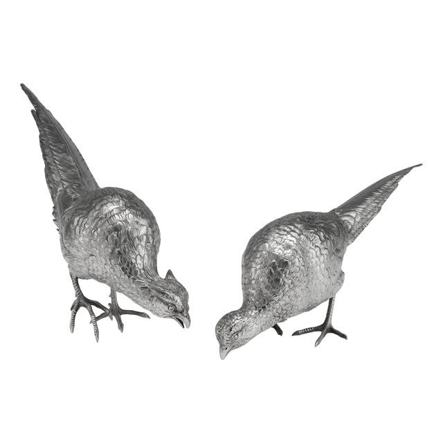 20th Century Italian Silver Pheasant Statues, 1920s, Set of 2 For Sale