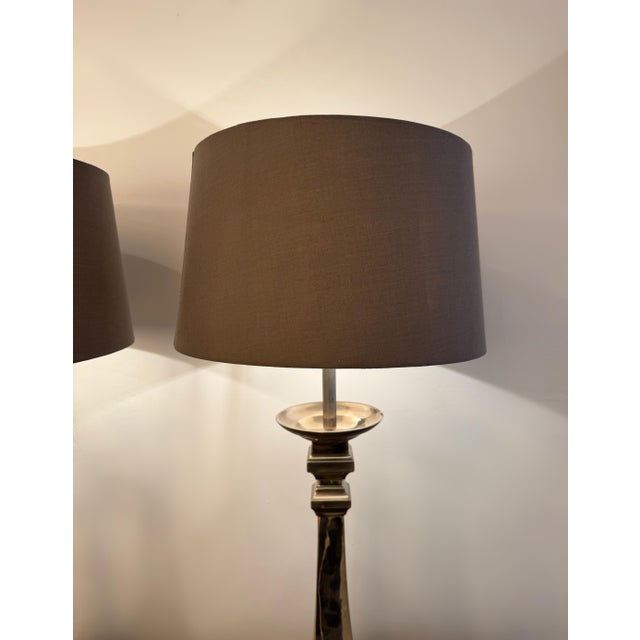 Italian Neo-Classical Chrome Lamps with Silk Shades, 2000s, Set of 2 For Sale - Image 3 of 8