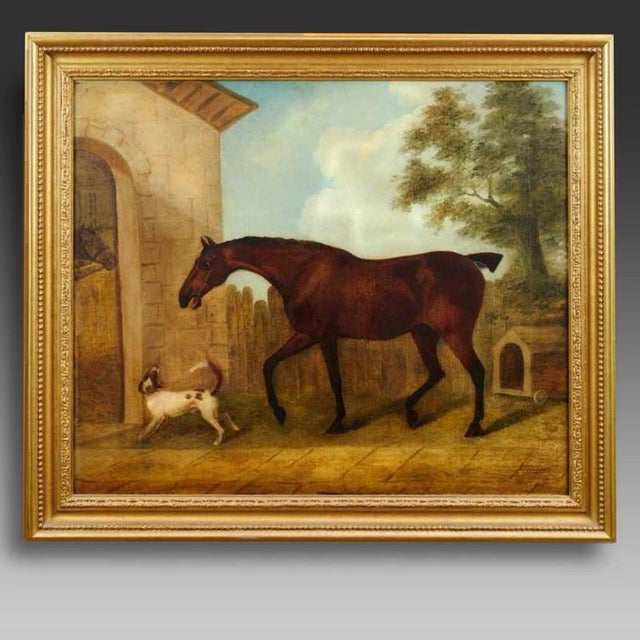 A large English equestrian oil painting attributed to John Nost Sartorius Jr., depicting a horse within a traditional...