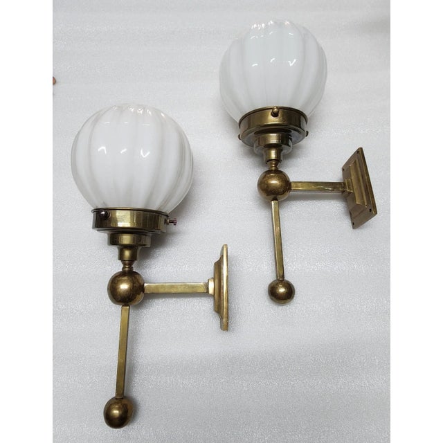Art Deco Pair Vintage Art Deco Wall Sconces in Brass & Ribbed Milk Glass Shade Ship Light For Sale - Image 3 of 6