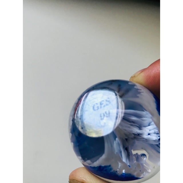Contemporary Ges 99 Blue Floral Glass Egg Paperweight For Sale - Image 3 of 5