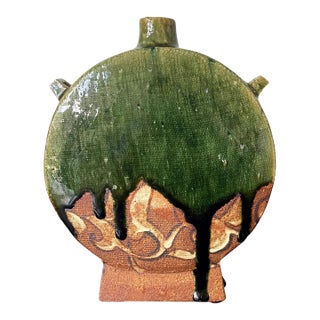 Modern Japanese Studio Pottery Oribe Moon Flask Vase by Ken Matsuzaki For Sale