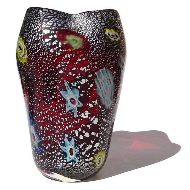Beautiful and unusual, vintage Murano hand blown red, silver, and very large millefiori flower murrines Italian art glass...