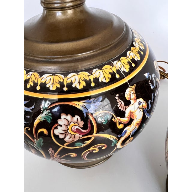 Metal Circa 1880s French Antique Gien Faience Elegant Oil Lamps Converted to Table Lamps, a Pair For Sale - Image 7 of 12