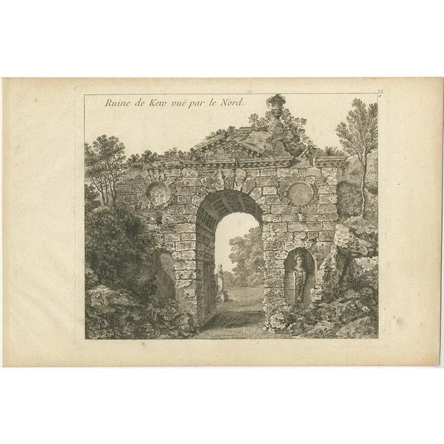 Antique print titled 'Ruin de Kew vuë par le Nord'. Copper engraving of a ruin of the Kew gardens. This print originates...