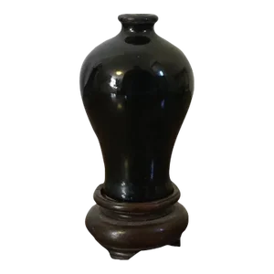 Antique 19th Century Chinese Mirror Black Meiping Vase on Carved Wood Stand