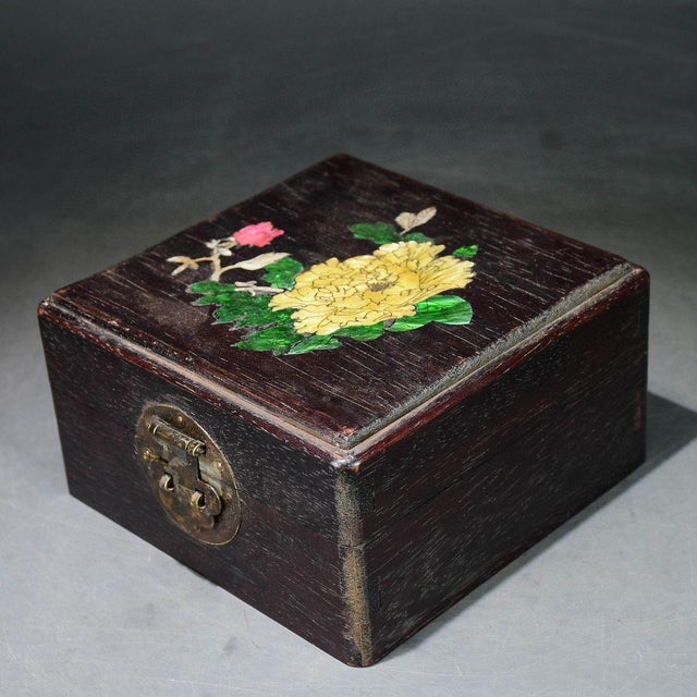 Brass Vintage Chinese Rosewood Box With Mother of Pearl Inlay & Brass Latch For Sale - Image 8 of 8