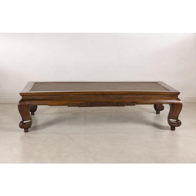 Antique Chinese Elm Opium Bed Coffee Table with Woven Rattan Top and Scroll Legs For Sale - Image 11 of 18