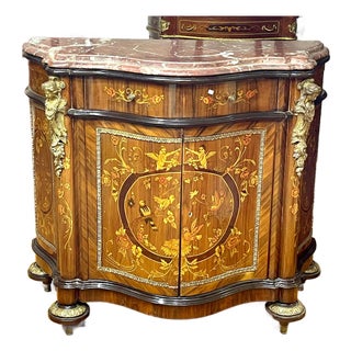French Louis XV Style Bombe Commode – Floral Marquetry, Marble Top & Gilded Bronze Details For Sale