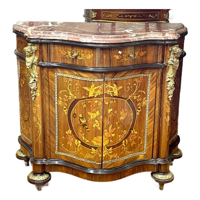 French Louis XV Style Bombe Commode – Floral Marquetry, Marble Top & Gilded Bronze Details For Sale