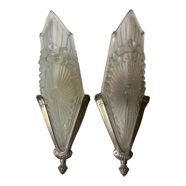 1920s Pair of French Art Deco Geometric Sconces Signed by Schneider For Sale
