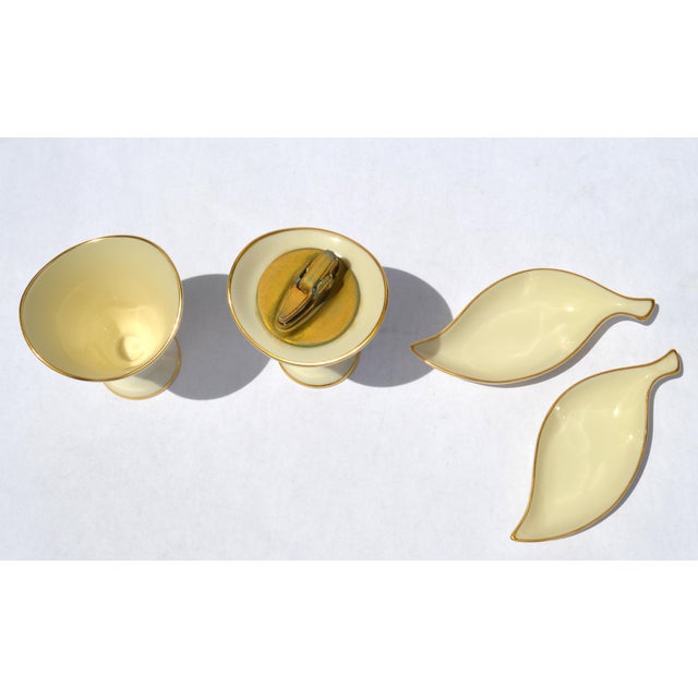 1960s Set of 4 Lenox Cream Ceramic Lighter Cigarette Holder Two Ashtrays Gold Trim For Sale - Image 10 of 14