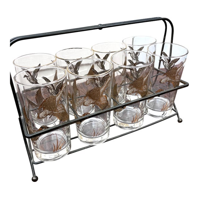 1970s Mid Century Modern Golden Mallards 8 Highball Glasses W Orignal Carrier Libbey Richard Bishop For Sale