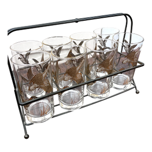 1970s Mid Century Modern Golden Mallards 8 Highball Glasses W Orignal Carrier Libbey Richard Bishop