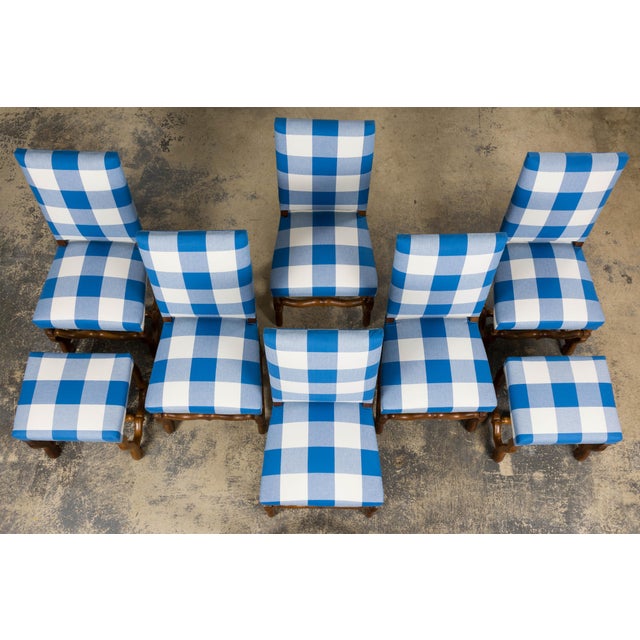 French Country French Louis XIII Style Os De Mouton Walnut Dining Chairs W/ Tabourets in Blue Plaid - Set of 8 For Sale - Image 3 of 18