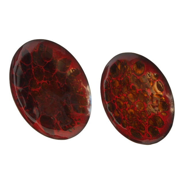 Set of Two Enamel on Copper Red and Gold Decorative Plates by Win Ng For Sale