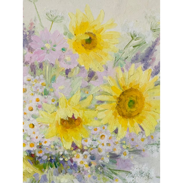 1970s 20 Th C Original Oil on Biard Sunflower Painting For Sale - Image 5 of 6