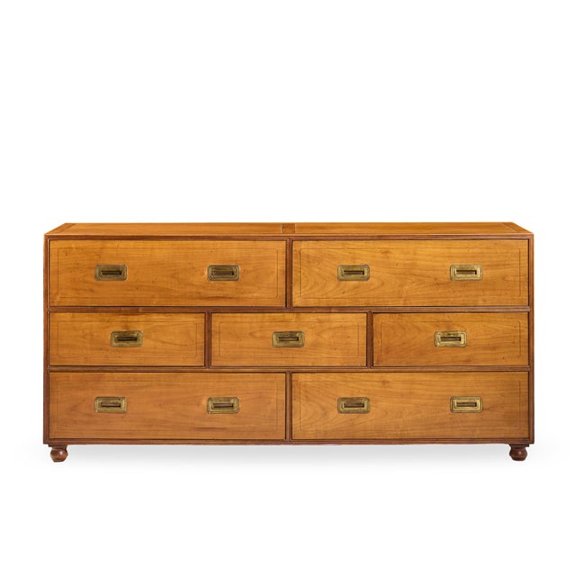 Baker Furniture Cherry and Brass Campaign Lowboy Dresser This lowboy measures: 66 wide x 19 deep x 31 inches high ABOUT...