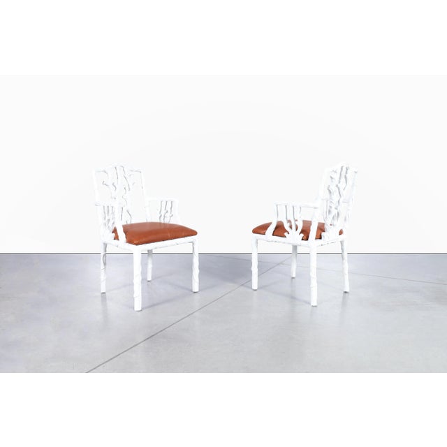 Mid-Century Modern Vintage Hollywood Regency White Lacquered and Leather Armchairs, 1950s For Sale - Image 3 of 12