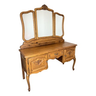 Vintage French Louis Style Oak Dressing Table with Mirror For Sale