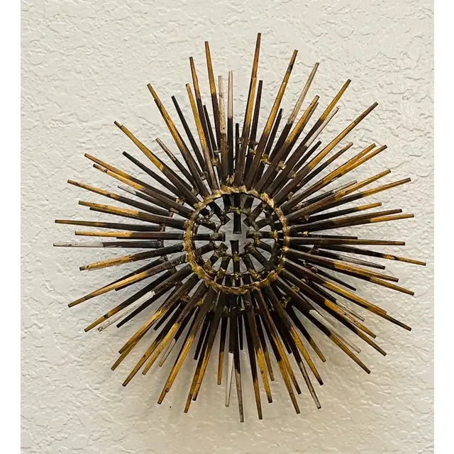 Diminutive Gilt Iron Two-Tier Sunburst Wall Sculpture by William Bowie USA, Circa 1970s, Unmarked. A fine example of...