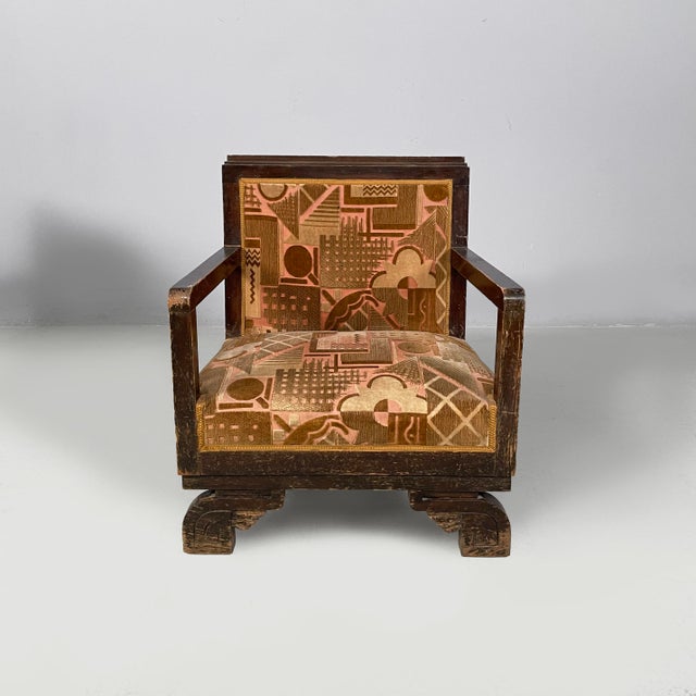 Italian Art Deco armchairs in red yellow fabric, velvet and wood, 1930s Pair of armchairs in fabric, velvet and wood. The...