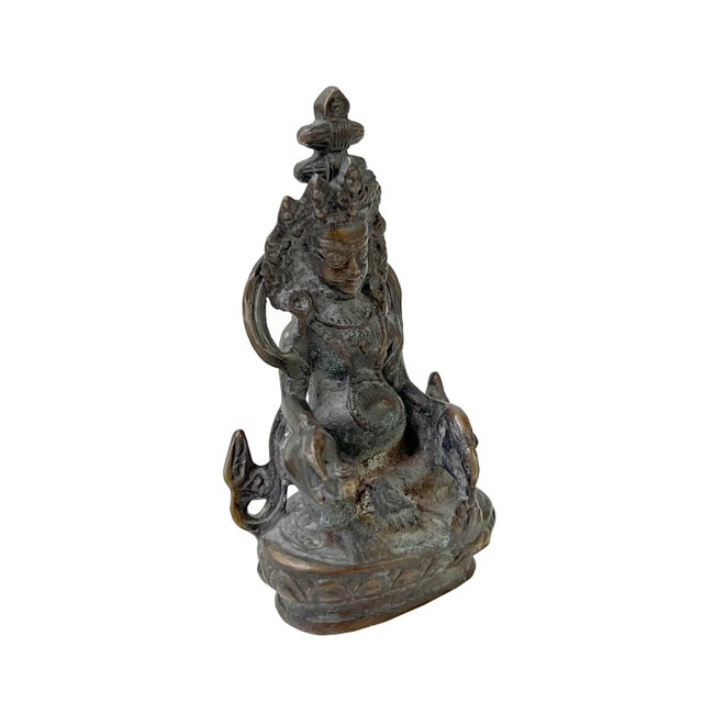 Rustic Distressed Marks Bronze Color Metal Zambala Fortune Deity Statue For Sale - Image 3 of 8