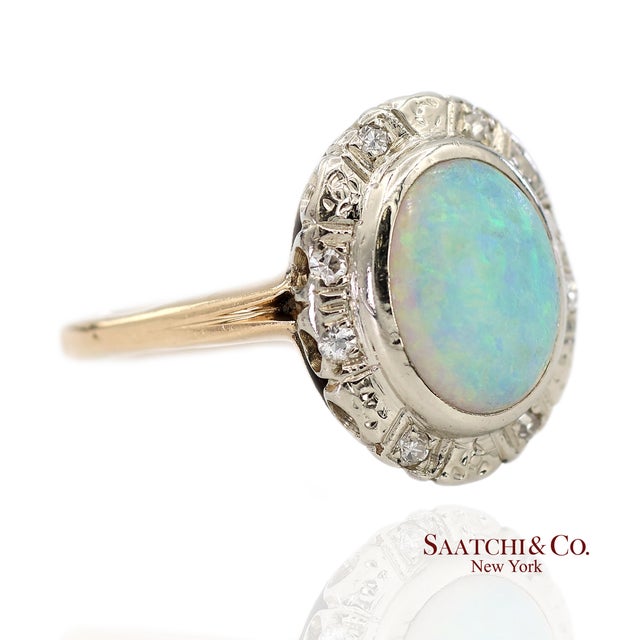 Vintage 13K White and Yellow Gold Natural Diamond and Opal Ring Metal Type: 13k Yellow and White Gold Total Item Weight:...