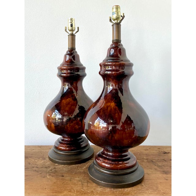 Vintage Boho Chocolate Glazed Ceramic Lamps - A Pair For Sale In West Palm - Image 6 of 12
