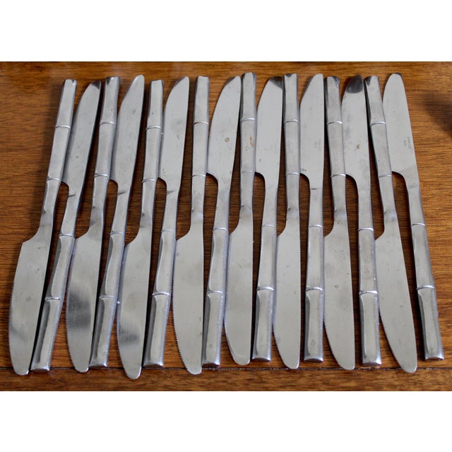 Silver Vintage 1980s Stanley Roberts "Tiburon" Faux Bamboo Stainless Steel Flatware Set – 60 Pieces | Hollywood Regency Chinoiserie For Sale - Image 8 of 14