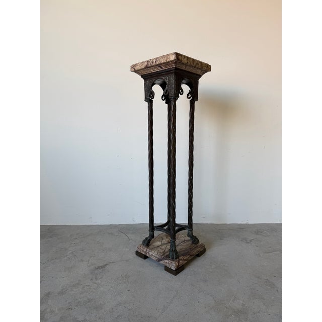 Vintage Neoclassical - Style Brass & Marble Pedestal With Twisted Columns and Claw Feet For Sale - Image 12 of 12