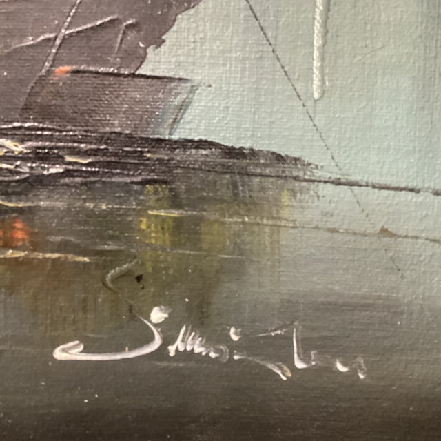 Textile Vintage Painting on Canvas Chinese Junks Sailing Boats on Sunset Harbor Signed Framed For Sale - Image 7 of 12