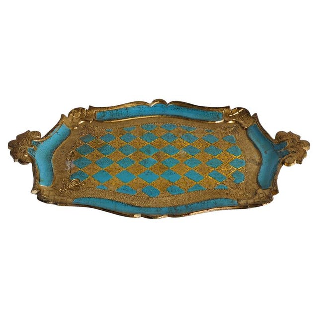 Florentine Neo-Rococo Gilt and Turquoise Tray with Harlequin Pattern, Italy, 1950s For Sale - Image 18 of 18