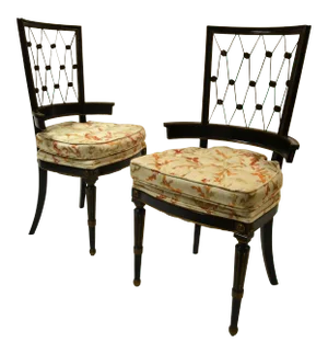 1940s American Intricate Diamond Pattern Back Armchairs in Black & Gold - a Pair