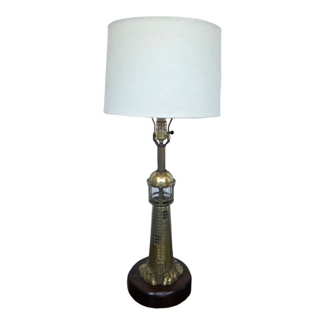Late 20th Century Mid-Century Modern Nautical Brass Lighthouse Table Lamp W/ Hardwood Base For Sale