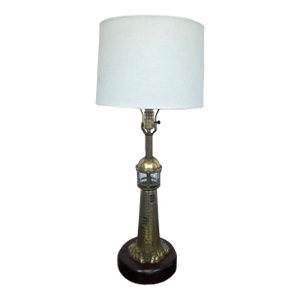 Late 20th Century Mid-Century Modern Nautical Brass Lighthouse Table Lamp W/ Hardwood Base