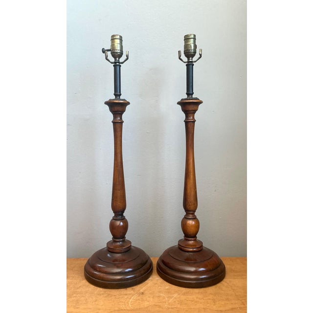 Theodore Alexander Vintage Theodore Alexander Turned Wood Candlestick Table Lamps - A Pair For Sale - Image 4 of 16