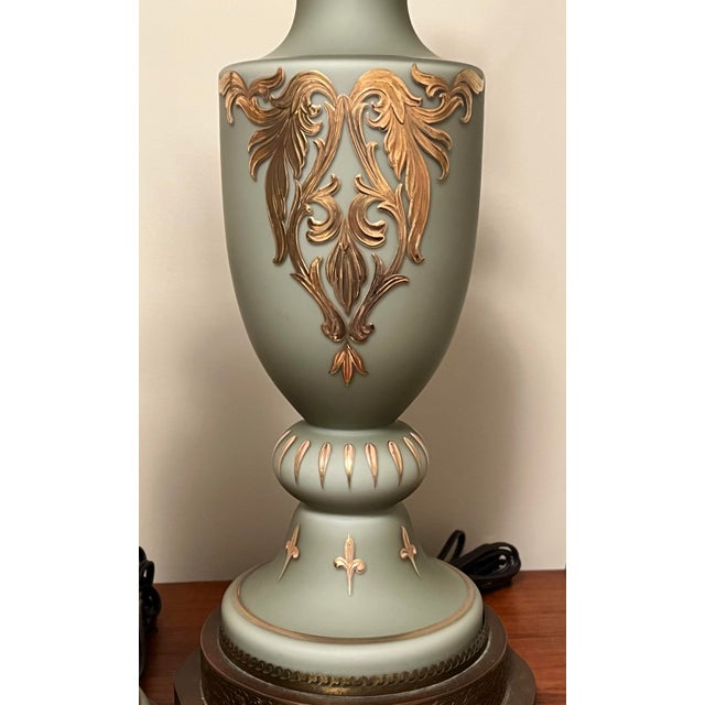 Celadon 1930s Victorian Neoclassical Celadon Glass Table Lamps With Gold Accents and Detailed Filigree Ormolu Bases, a Pair For Sale - Image 8 of 11