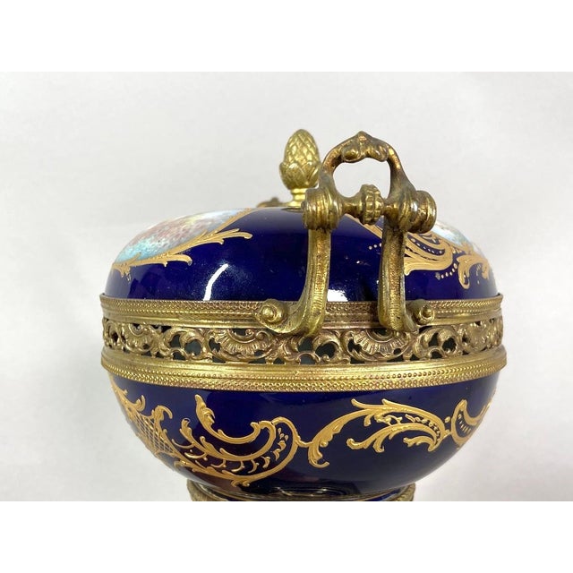19thC Sevres Louis XVI Style Blue Porcelain Bronze Bowl Urn For Sale - Image 12 of 18