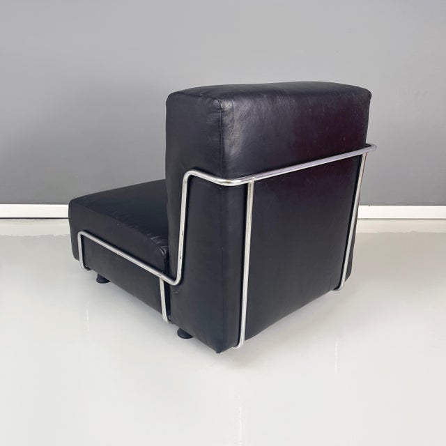 Italian Modern Square Lounge Chair in Black Leather and Metal, 1980s For Sale - Image 4 of 14