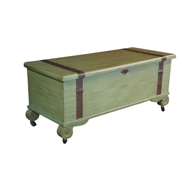 Farmhouse Vintage American Country Farmhouse Green Painted Chic Pine Blanket Chest Trunk For Sale - Image 3 of 18