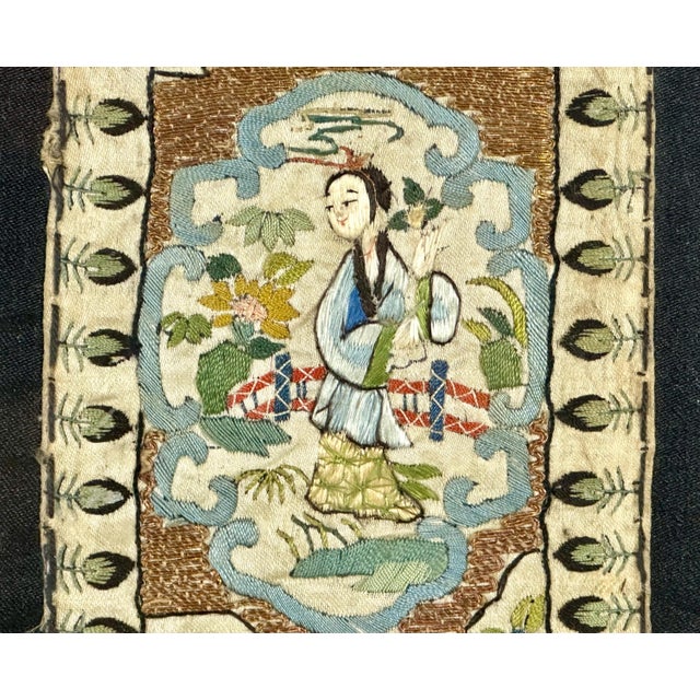 19th Century Antique Chinese Silk Embroidery Textile Panel Framed Tray For Sale - Image 5 of 10