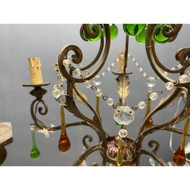 Italian 5-Light Tole Chandelier with Green and Amber Murano Glass Drops, 1950s For Sale - Image 3 of 16