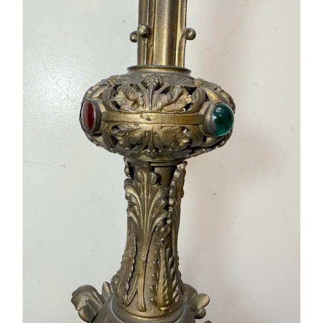 Metal Antique 1800's Ornate Bronze Religious Candle Holder Electric Table Lamps - a Pair For Sale - Image 7 of 14