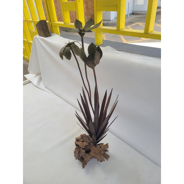 Mid-Century Modern Tall Vintage Copper Agave Sculpture on Driftwood For Sale - Image 3 of 12