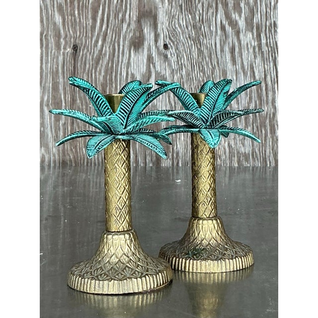 Metal Vintage Coastal Patinated Metal Palm Tree Candlesticks- Set of 2 For Sale - Image 7 of 11