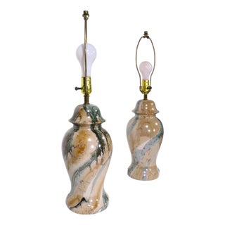 Mid 20th Century Hollywood Regency Faux Marble Ginger Jar Form Table Lamps - a Pair For Sale
